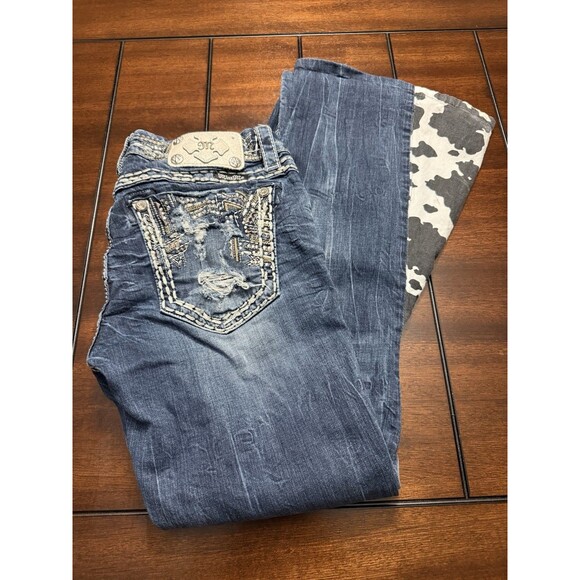 MISS ME Jeans Sunny Boot 28x33 Cow Print Distressed Denim Med Wash Flare Y2K - Picture 2 of 16